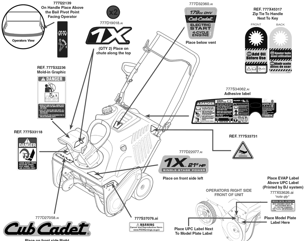 Label Map Diagram and Parts List for 1X21-INCHHP (31PS2S5C710)(2019) Cub Cadet Snow Blower